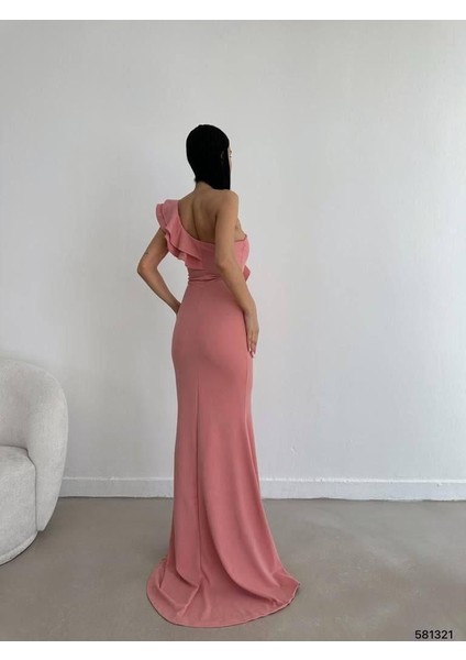 Tek Omuz Scuba Krep Abiye Elbise 581321 Pudra fırsatları