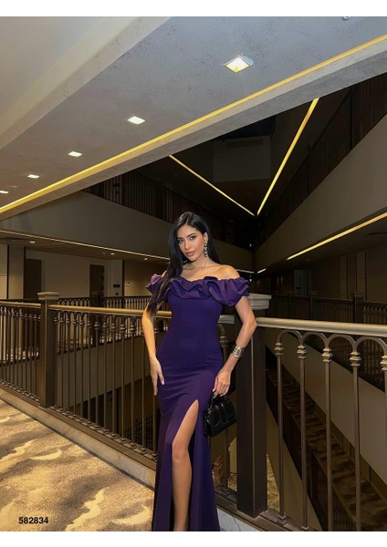 Katre Yaka Fırfırlı Yırtmaçlı Abiye 582834 Mor