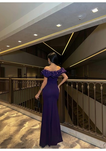 Katre Yaka Fırfırlı Yırtmaçlı Abiye 582834 Mor modelleri