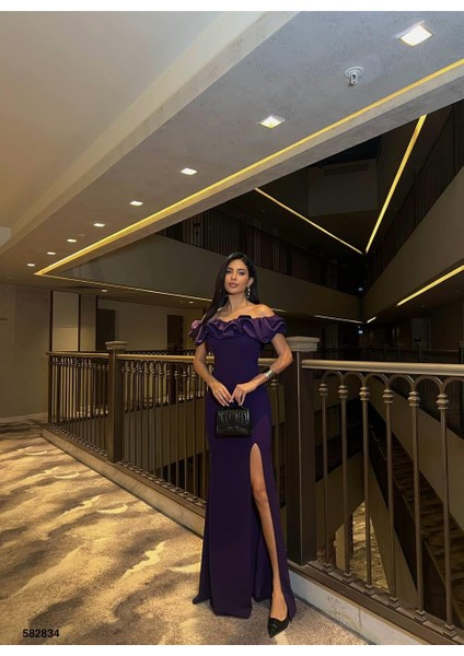 Katre Yaka Fırfırlı Yırtmaçlı Abiye 582834 Mor fırsatları