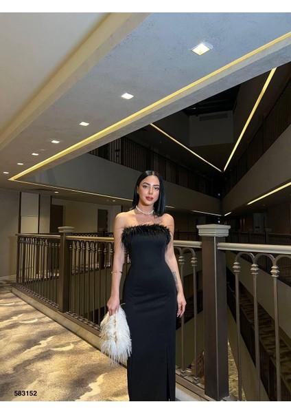 Açık Omuz Tüy Göğüs Detay Esnek Kumaş Yırtmaçlı Maxi Straplez Abiye Elbise 583152 Siyah