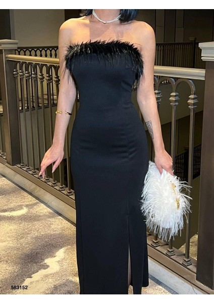 Açık Omuz Tüy Göğüs Detay Esnek Kumaş Yırtmaçlı Maxi Straplez Abiye Elbise 583152 Siyah fiyatları