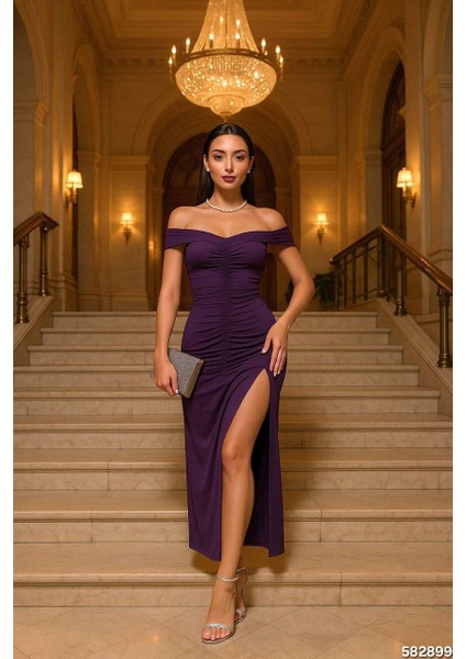 Madonna Yaka Büzgülü Sandy Elbise 582899 Mor