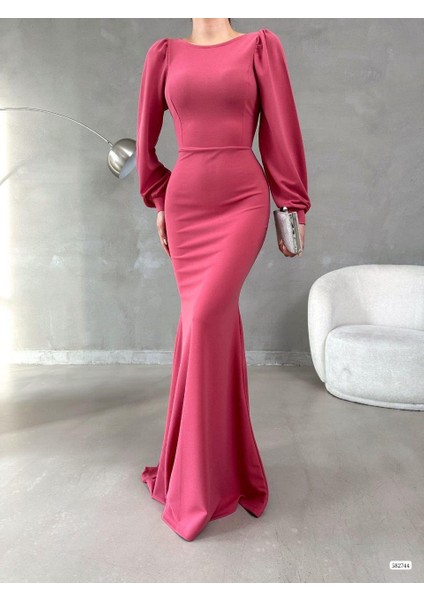 Balon Kol Balık Model Maxi Boy Ithal Krep Kumaş Elbise 582744 Gülkurusu fiyatları