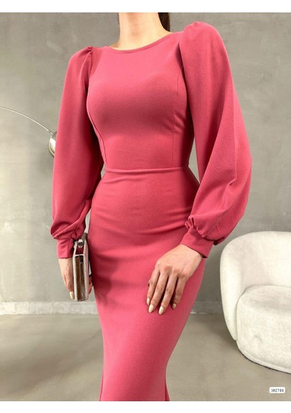 Balon Kol Balık Model Maxi Boy Ithal Krep Kumaş Elbise 582744 Gülkurusu modelleri
