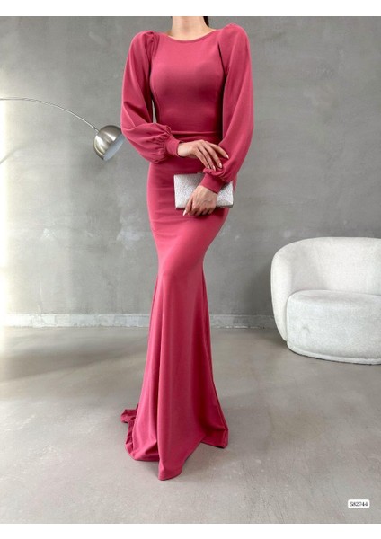 Balon Kol Balık Model Maxi Boy Ithal Krep Kumaş Elbise 582744 Gülkurusu fırsatları