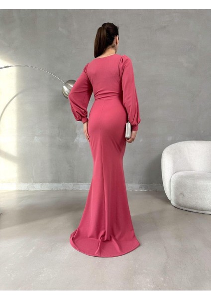 Balon Kol Balık Model Maxi Boy Ithal Krep Kumaş Elbise 582744 Gülkurusu indirimleri