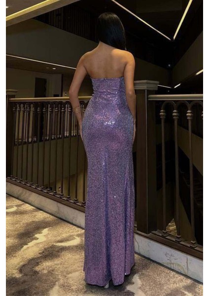 Kadın Straplez Yaka Yırtmaç Detaylı Drapeli Uzun Simli Pul Payetli Maxi Abiye Elbise Lila 583164 fırsatları