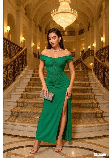 Madonna Yaka Büzgülü Sandy Elbise 582899 Zümrüt