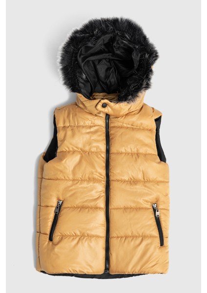 Içi Elyaf Dolgulu Kürk Kapşonlu Erkek Yelek