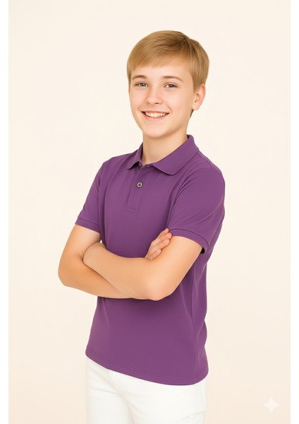 Genç Polo Yaka Tişört | Lila | %100 Pamuk | Unisex | Okul & Günlük Kullanım