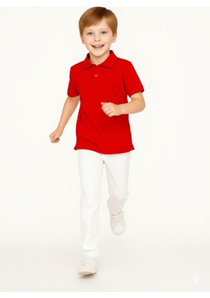 Çocuk Polo Yaka Tişört | Kırmızı | %100 Pamuk | Unisex | Okul & Günlük Kullanım
