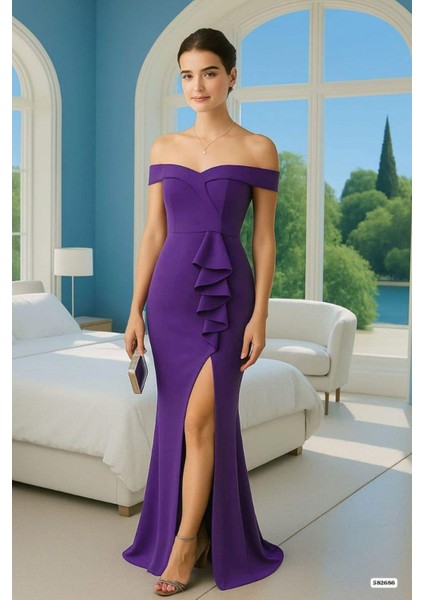 Düşük Omuz Volan Detaylı Yırtmaçlı Abiye Mor 582686