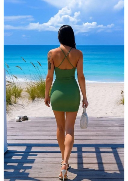 Bel Dekolteli Mini Krep Elbise Mint 581789 fiyatları