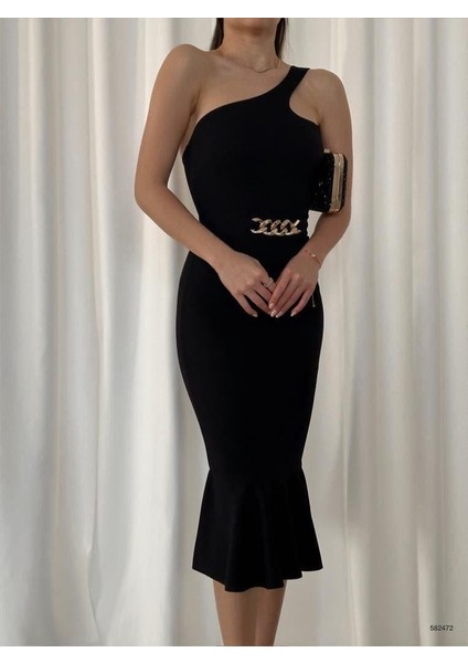 Zincir Detay Ithal Krep Kumaş Midi Boy Balık Elbise 582472 Siyah