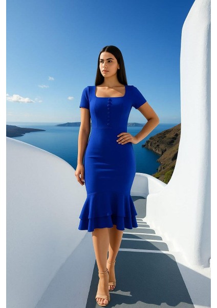 Kadın Kare Yaka Kısa Kollu Düğme Detay Çift Volanlı Midi Abiye Elbise Saks 582981