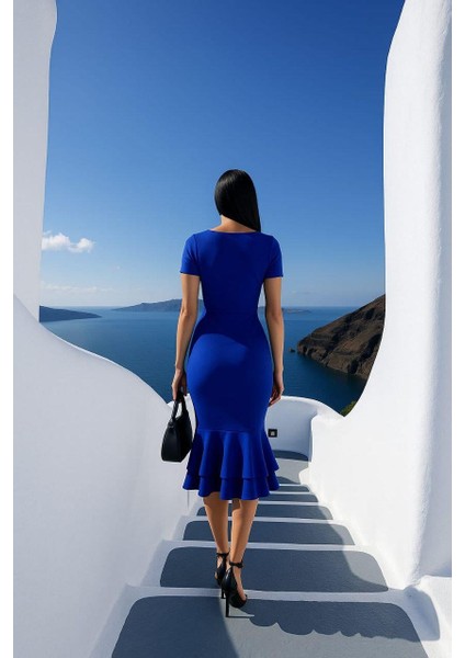 Kadın Kare Yaka Kısa Kollu Düğme Detay Çift Volanlı Midi Abiye Elbise Saks 582981 fiyatları