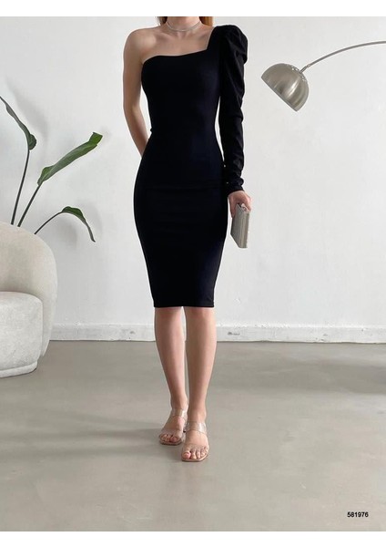 Ithal Krep Kumaş Omuz Detay Elbise 581976 Siyah