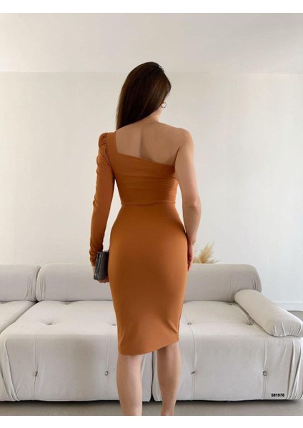 Ithal Krep Kumaş Omuz Detay Elbise 581976 Camel modelleri