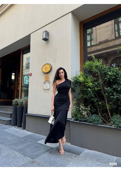 Sandy Kumaş Tek Omuz Detaylı Uzun Elbise 583010 Siyah