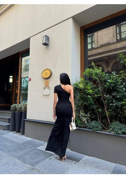 Sandy Kumaş Tek Omuz Detaylı Uzun Elbise 583010 Siyah modelleri