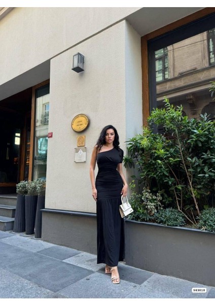 Sandy Kumaş Tek Omuz Detaylı Uzun Elbise 583010 Siyah fırsatları