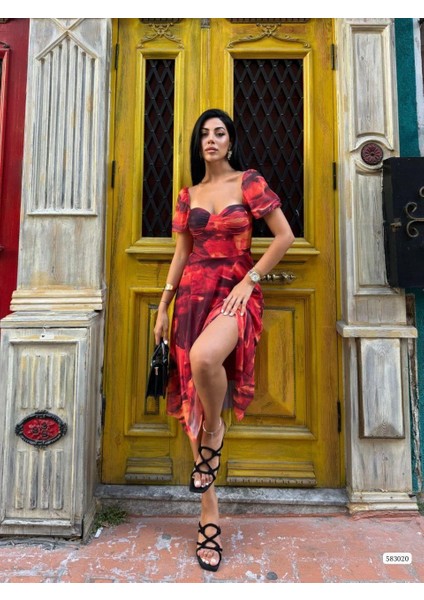 Desenli Tül Elbise 583020 Kirmizi