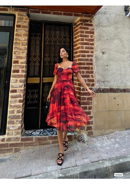 Desenli Tül Elbise 583020 Kirmizi fiyatları
