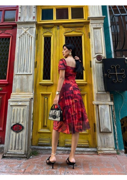 Desenli Tül Elbise 583020 Kirmizi modelleri