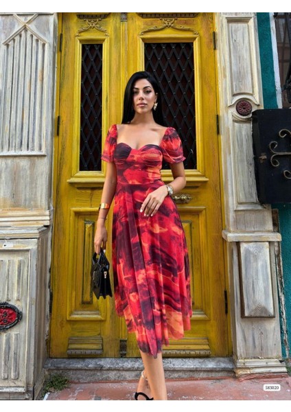 Desenli Tül Elbise 583020 Kirmizi fırsatları