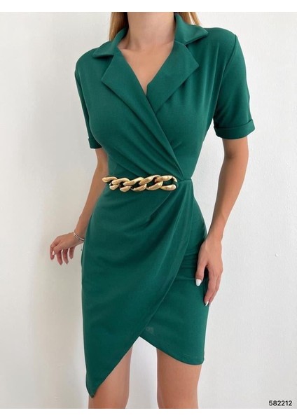 Zincir Detay Gömlek Yaka Mini Krep Elbise Zümrüt 582212