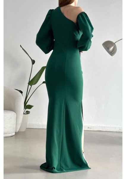 Tek Omuz Açık Detay Ithal Krep Kumaş Maxi Boy Uzun Kol Elbise Zümrüt 582307 modelleri