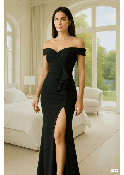 Düşük Omuz Volan Detaylı Yırtmaçlı Abiye Siyah 582686