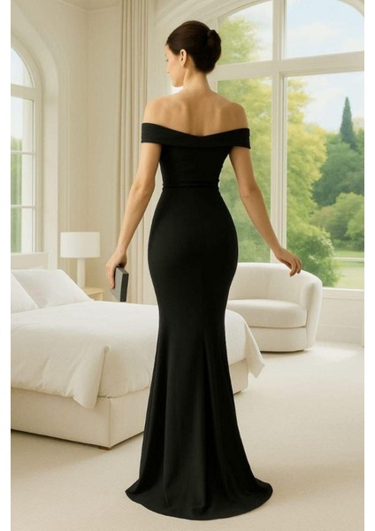 Düşük Omuz Volan Detaylı Yırtmaçlı Abiye Siyah 582686 fiyatları