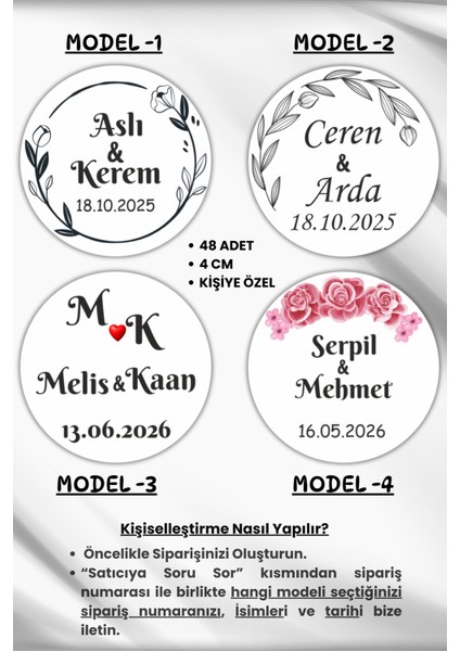 Kişiye Özel -Yapışkanlı Etiket - Söz -Düğün-Nişan-Kına (4 Cm) - 48 Adet - (Kişiye Özel Sticker)