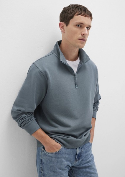 0S10278-80889 Yarı Fermuarlı Mavi Basic Sweatshirt