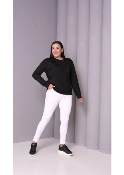 Kadın Büyük Beden Önü Boncuk Pul Payet Işlemeli Viskon Sweatshirt modelleri