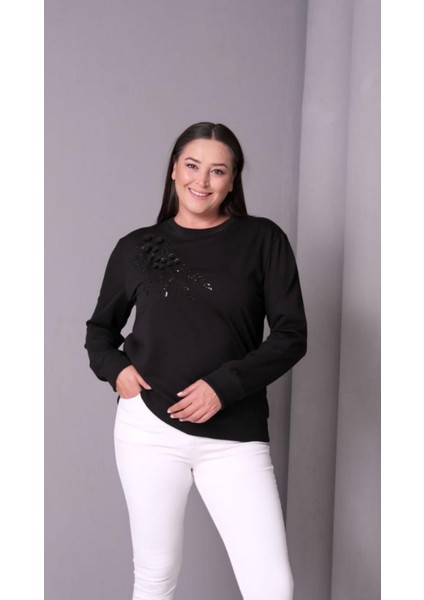 Kadın Büyük Beden Önü Boncuk Pul Payet Işlemeli Viskon Sweatshirt indirimleri