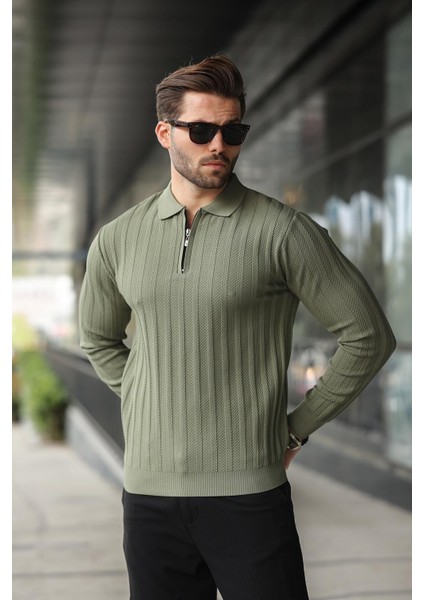 Haki Yarım Fermuarlı Polo Yaka Triko Kazak E7426