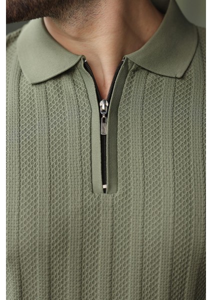 Haki Yarım Fermuarlı Polo Yaka Triko Kazak E7426 fiyatları