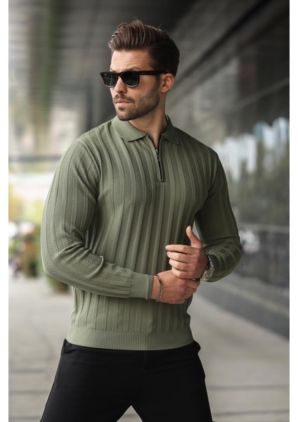 Haki Yarım Fermuarlı Polo Yaka Triko Kazak E7426 modelleri