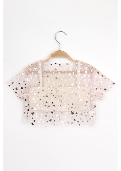 Pudra Yıldız Baskılı Kız Çocuk Tül Crop