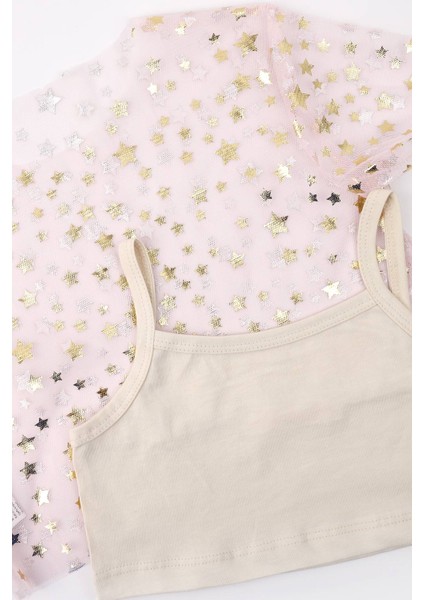 Pudra Yıldız Baskılı Kız Çocuk Tül Crop