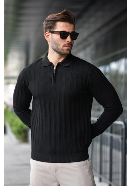 Siyah Yarım Fermuarlı Polo Yaka Triko Kazak E7426