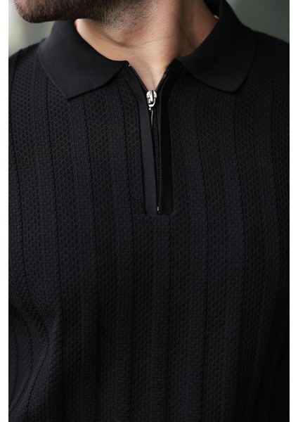 Siyah Yarım Fermuarlı Polo Yaka Triko Kazak E7426 fiyatları