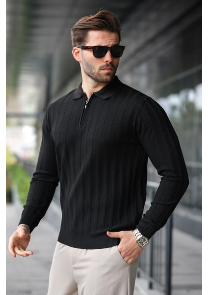 Siyah Yarım Fermuarlı Polo Yaka Triko Kazak E7426 modelleri