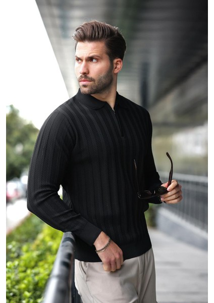 Siyah Yarım Fermuarlı Polo Yaka Triko Kazak E7426 fırsatları