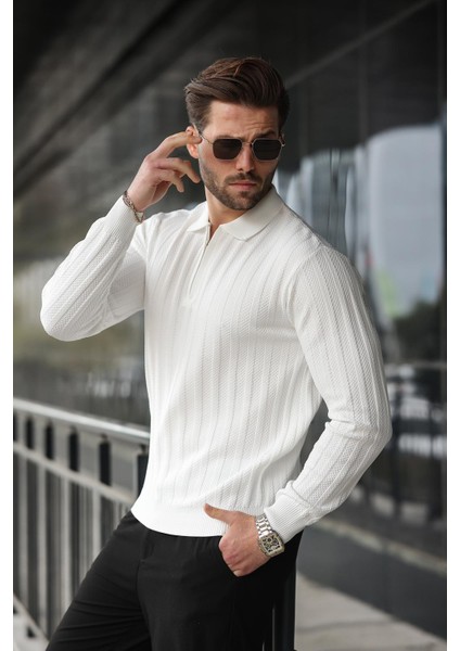 Beyaz Yarım Fermuarlı Polo Yaka Triko Kazak E7426 fiyatları