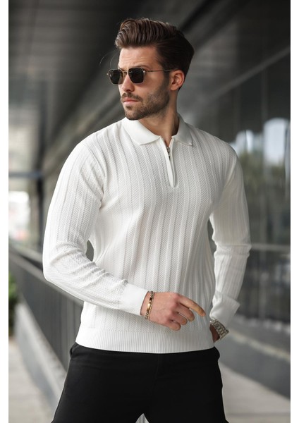 Beyaz Yarım Fermuarlı Polo Yaka Triko Kazak E7426 fırsatları