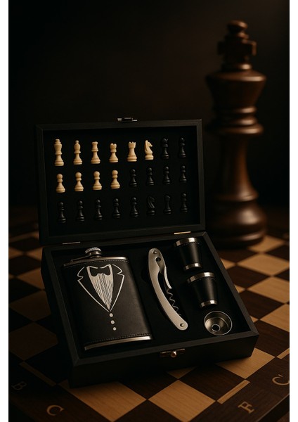 Ahşap Kutusunda Çelik Matara - Çakı - Satranç Takımı - Deri Kaplamalı Çelik Matara Hediye Seti